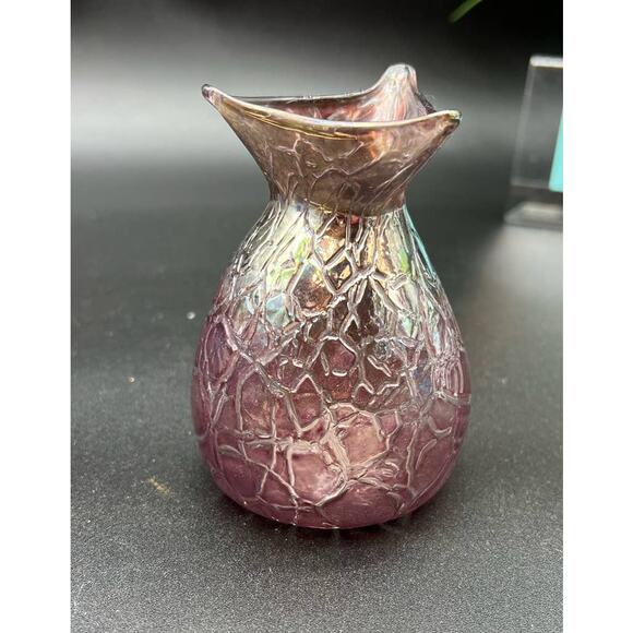Read Studios 2000 Hand Blown Art Crinkle Glass Vase Plum Iridescent 4.25" signed - Picture 8 of 8